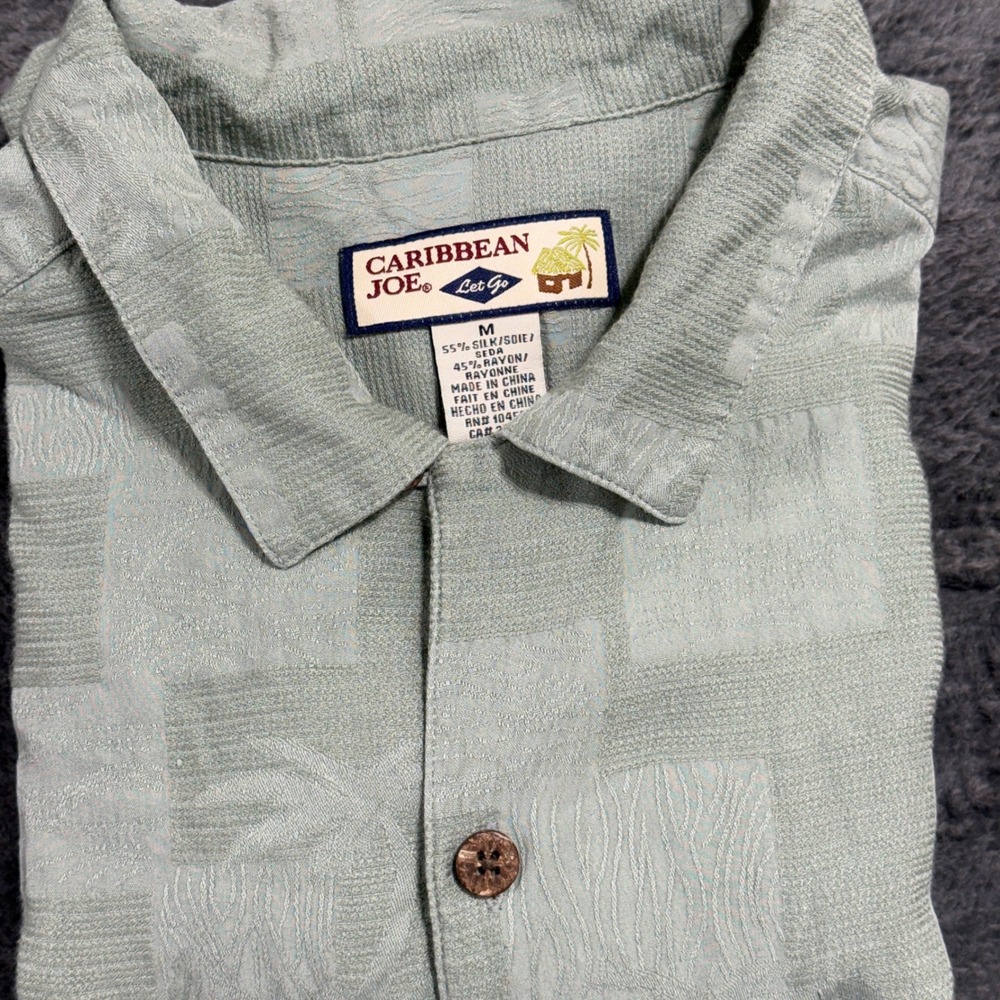 Caribbean Joe Button Up Shirt Men Medium Sage Green Silk Blend Tropical Jacquard